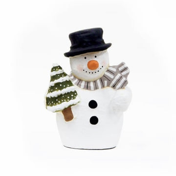 Paper Mache Snowman w/ Tree & Black Hat