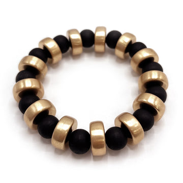 Gold Bar and Black Wood Beaded Stretch Bracelet