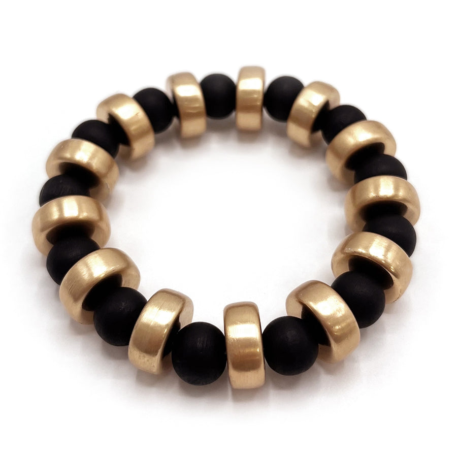 Gold Bar and Black Wood Beaded Stretch Bracelet